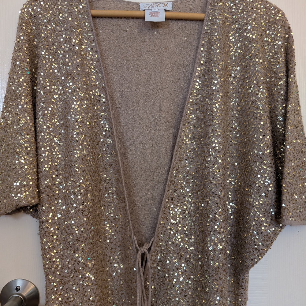 LaRok Gold Sequin Sweater Batwing Cardigan, Size Small